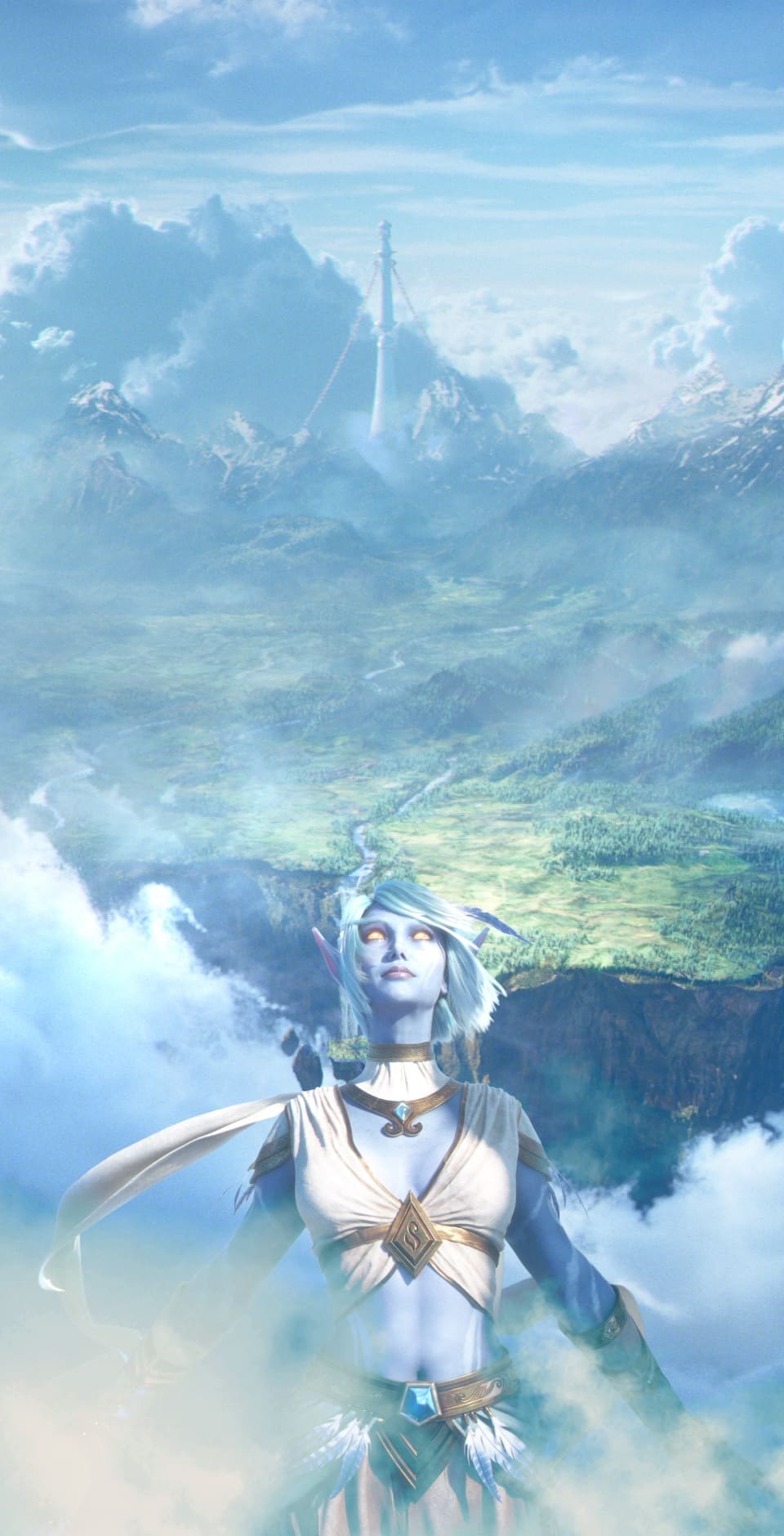 A Skyborne elf standing above the clouds, looking out over a green valley far below